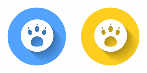 White Paw search icon isolated with long shadow background. Magnifying glass with animal footprints. Circle button. Vector