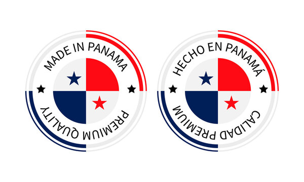 Made in Panama round labels in English and in Spanish languages. Quality mark vector icon. Perfect for logo design, tags, badges, stickers, emblem, product package, etc