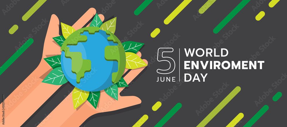 Poster world environment day - top view hands hold globe and green leaf around on stripe green line and dar