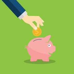 Piggy bank. Hand putting coin a Piggy bank money, deposit banking account and savings concept of growth.	
