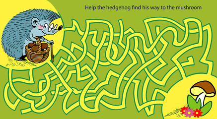 Maze puzzle with cartoon hedgehog and mushrooms © Verzh
