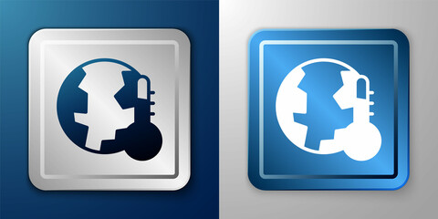 White Planet earth melting to global warming icon isolated on blue and grey background. Ecological problems and solutions - thermometer. Silver and blue square button. Vector