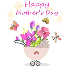 Vector illustration of a baby stroller with a bouquet of flowers, magnolia, hibiscus, happy mother's day.