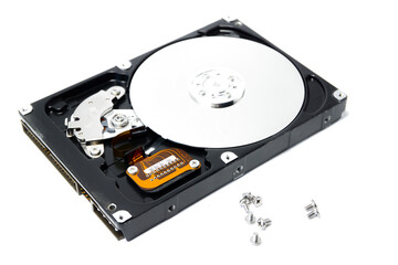 Obraz premium Open hard drive isolated on white background. Computer storage device. Computer hard drive HDD. computer memory