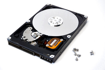Open hard drive isolated on white background. Computer storage device. Computer hard drive HDD. computer memory