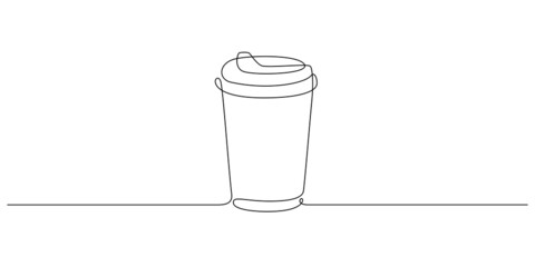 One continuous line drawing of paper cup of hot coffee. Minimalist concept of morning breakfast and drink to go in simple linear style. Editable stroke. Doodle Vector illustration