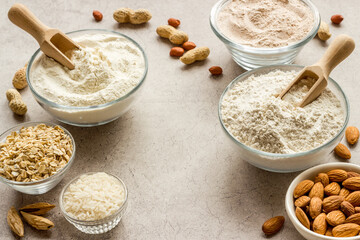 Gluten free flour for baking - nuts and grains flour in many bowls