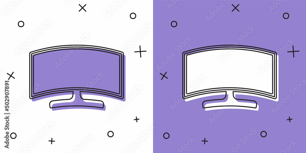 Poster set computer monitor icon isolated on white and purple background. pc component sign. vector