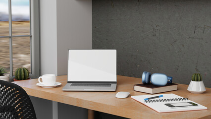 laptop blank screen on table at home. 3d rendering