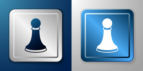 White Chess pawn icon isolated on blue and grey background. Silver and blue square button. Vector