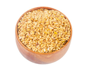 Gold Flax seed in wooden bowl isolated on white background, Save clipping path.
