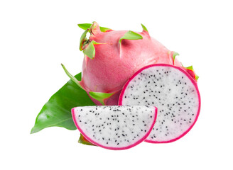 Dragon fruit with green leaf isolated on white background.