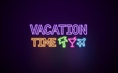 Neon sign saying 'vacation time' with an abstract illustration of a palm, a cocktail glas and an airplane, purple, orange, green, pink and blue color on a black background. 