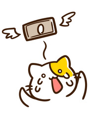 お金が飛んでいくのを悲しむねこのキャラクターの手書き風イラスト
