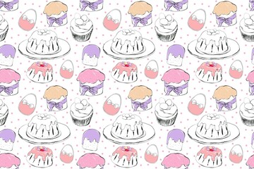 Cake seamless pattern with cute Easter eggs and sweet dessert. Cute Easter in cartoon style, hand painting illustration