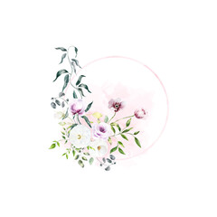 Background with watercolor flowers,floral illustration. Botanic composition for wedding or greeting card.For Mother's Day, wedding, birthday, Easter, Valentine's Day.