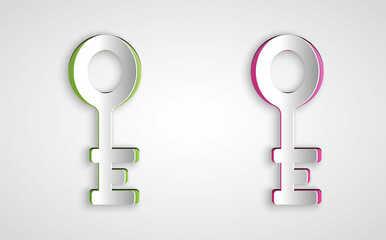 Paper cut Old key icon isolated on grey background. Paper art style. Vector