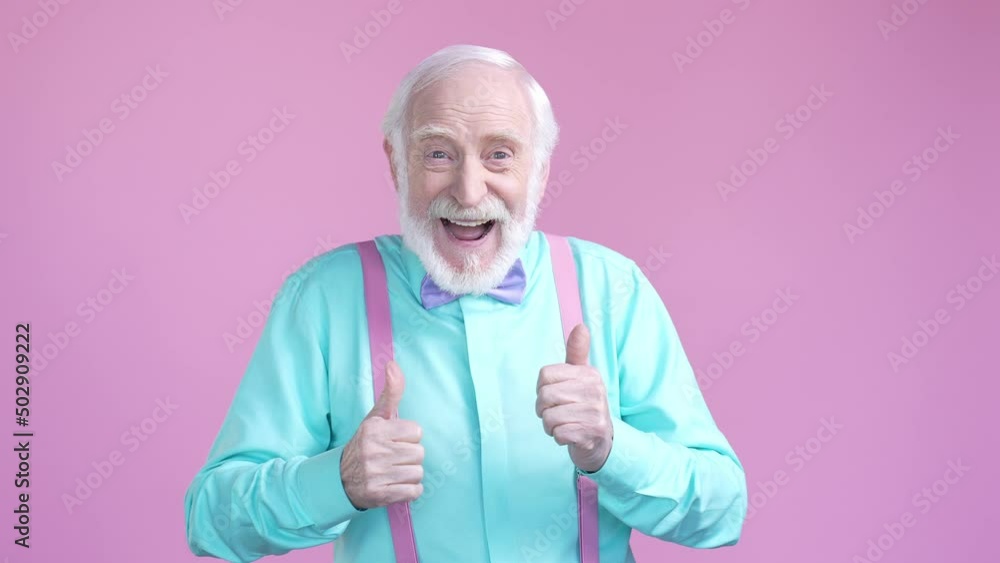 Sticker Stylish aged man impressed thumb up sign isolated pastel color background