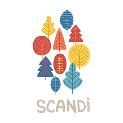 Composition with trees in scandinavian style. Folk art. Banner, greeting card. Vector nordic illustrations. Scandi logo - obrazy, fototapety, plakaty