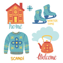 Fototapeta na wymiar Scandinavian set with house, sweater, skates, teapot. Folk art. Vector nordic illustrations with logo.