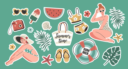Set of stickers on the summer theme. Girls in swimsuits, lifebuoy, shoulder bag, flip flops, watermelon, glasses, ice cream, shell, starfish, camera, swimsuit and tropical leaves.