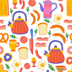 Breakfast seamless pattern with kitchen utensil and appliance. Scandinavian illustration of kitchen elements in flat style. Vector cartoon hand drawn texture. Food preparation and kitchenware. - 502909645