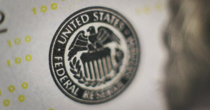 100 dollars USA close-up. Cash money banknotes. United States Federal Reserve Logo Icon. Finance and Business investment concept.