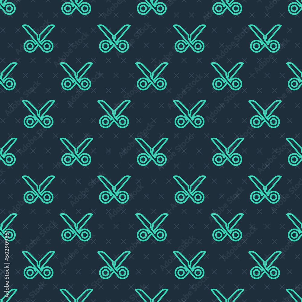 Poster green line scissors icon isolated seamless pattern on blue background. cutting tool sign. vector