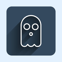 White line Ghost icon isolated with long shadow background. Happy Halloween party. Blue square button. Vector