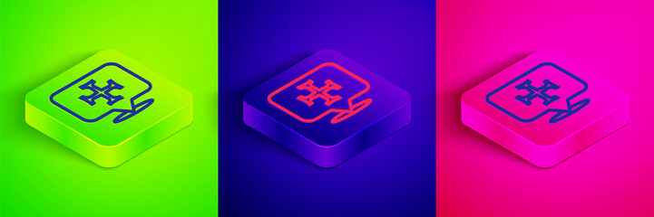 Isometric line Crusade icon isolated on green, blue and pink background. Square button. Vector