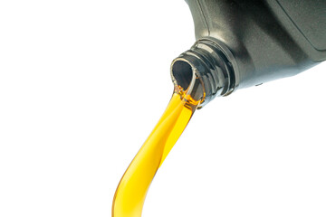 Car lubricant flows from the gray bottles on isolated white backgrounds.	