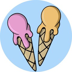 A set of colored pictures. Sweet cold dessert, fruit ice cream in a waffle cup, cone, cartoon vector illustration