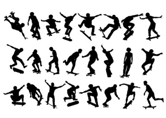 silhouettes of people skateboarding - obrazy, fototapety, plakaty