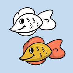 A set of color and sketch pictures. Small yellow aquarium fish, vector cartoon illustration