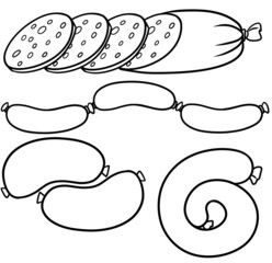 Sketch, A set of illustrations with various cartoon-style sausages, fried and beautiful sausages