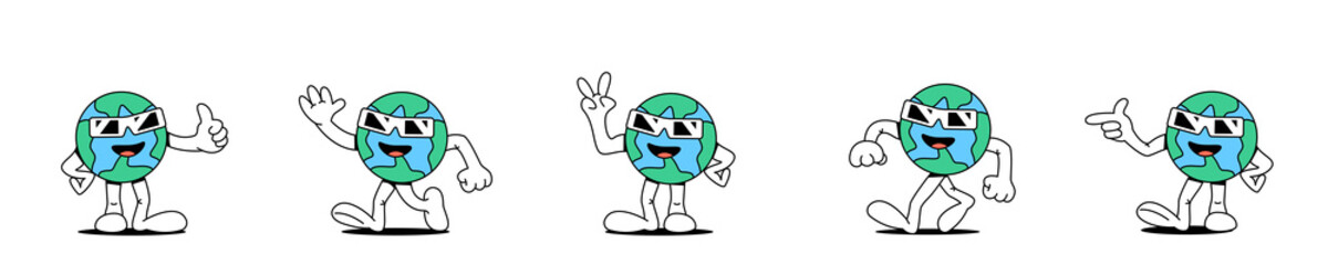 Set of cartoon character planet earth in different friendly poses.Globe symbol.Earth day celebration concept,ecology care.Stock vector illustration of planet earth.Isolated white background.