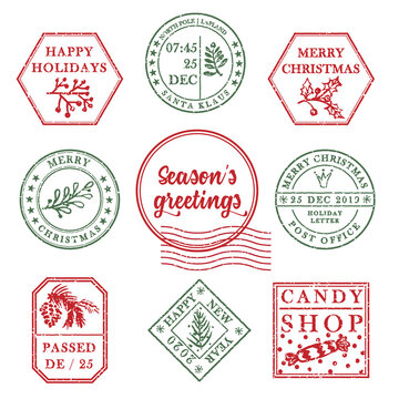 Set of vintage textured grunge christmas stamp rubber with holiday symbols in red, green and blue colors. For xmas greeting card, invitations, web banner, sale flyers retro design