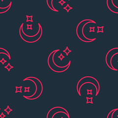 Red line Moon and stars icon isolated seamless pattern on black background. Cloudy night sign. Sleep dreams symbol. Full moon. Night or bed time sign. Vector