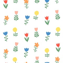 Seamless pattern with colorful flowers. Vector illustration in a simple flat style. Isolated on white.