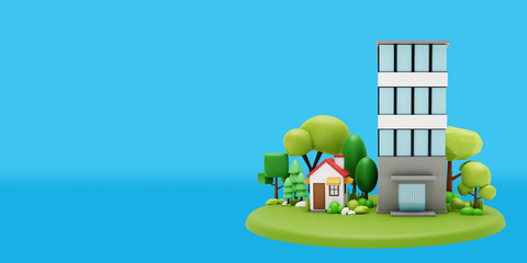 House and office building on gradient background. 3d rendering image of low poly objects.