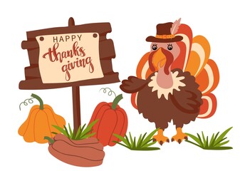 Happy Thanksgiving Day. Cute Thanksgiving Turkey bird cartoon character standing near pumpkins and wooden sign. Vector illustration.