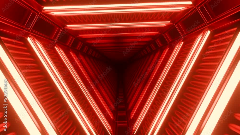 Poster rotating triangular tunnel with neon lines. design. triangular tunnel with neon lines in style of sp