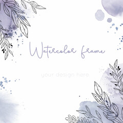 Violet watercolor splashes frame with graphic leaves 