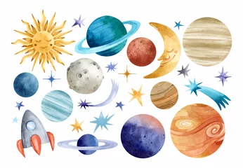 Foto op Canvas Watercolor planets, sun, moon, space ship and stars elements set  © Uli Prozorova