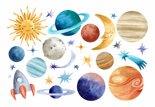 Watercolor planets, sun, moon, space ship and stars elements set 