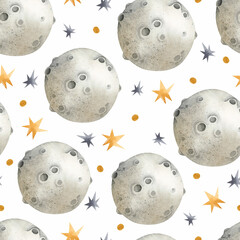 Moon and stars watercolor seamless pattern 