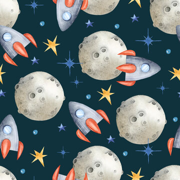 Space ship to the Moon watercolor seamless pattern on dark background
