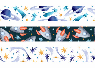 Space ship, planets and stars elements watercolor seamless borders and banners