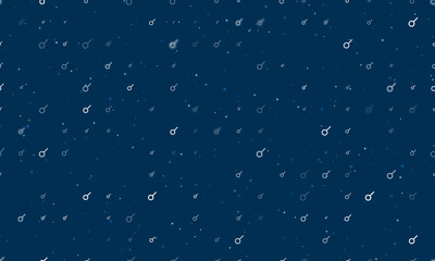 Seamless background pattern of evenly spaced white astrological connection symbols of different sizes and opacity. Vector illustration on dark blue background with stars