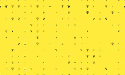 Seamless background pattern of evenly spaced black astrological neptune symbols of different sizes and opacity. Vector illustration on yellow background with stars